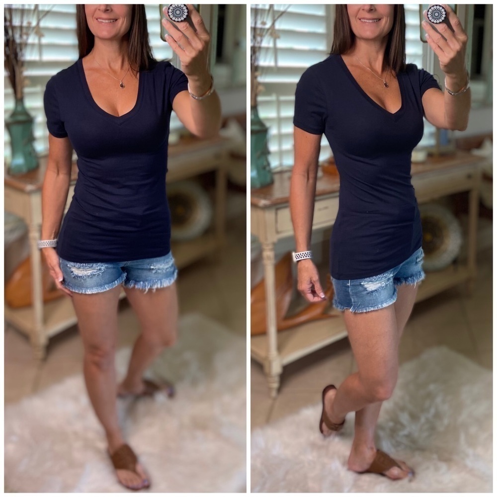 PLUS V Neck Basic Baby Tee Short Sleeve Slimming Navy Blue 1116